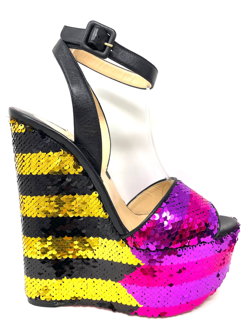 wedge sandals with pink purple black yellow sequins finished with signature red soles