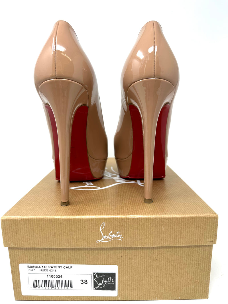 Christian Louboutin Bianca 140 Nude Patent Leather Platform Heels 38